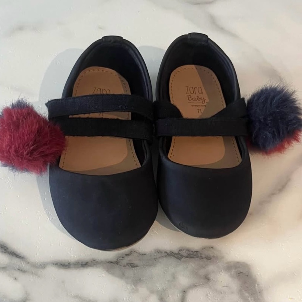 Zara Black and Red Dress Shoes with Pom Poms and Soft Material